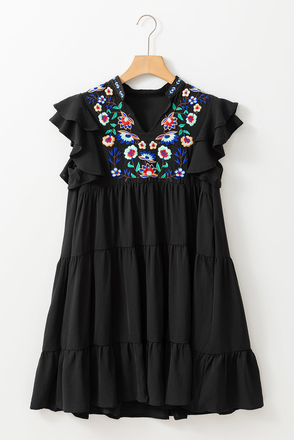 Black Floral Embroidered Tiered Ruffled Mini Dress – The Grand Chestnut