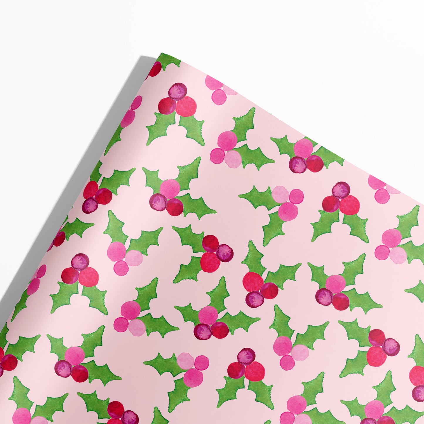 Pink Christmas Gift Wrap | Holly Berries on Pink Gift Wrap