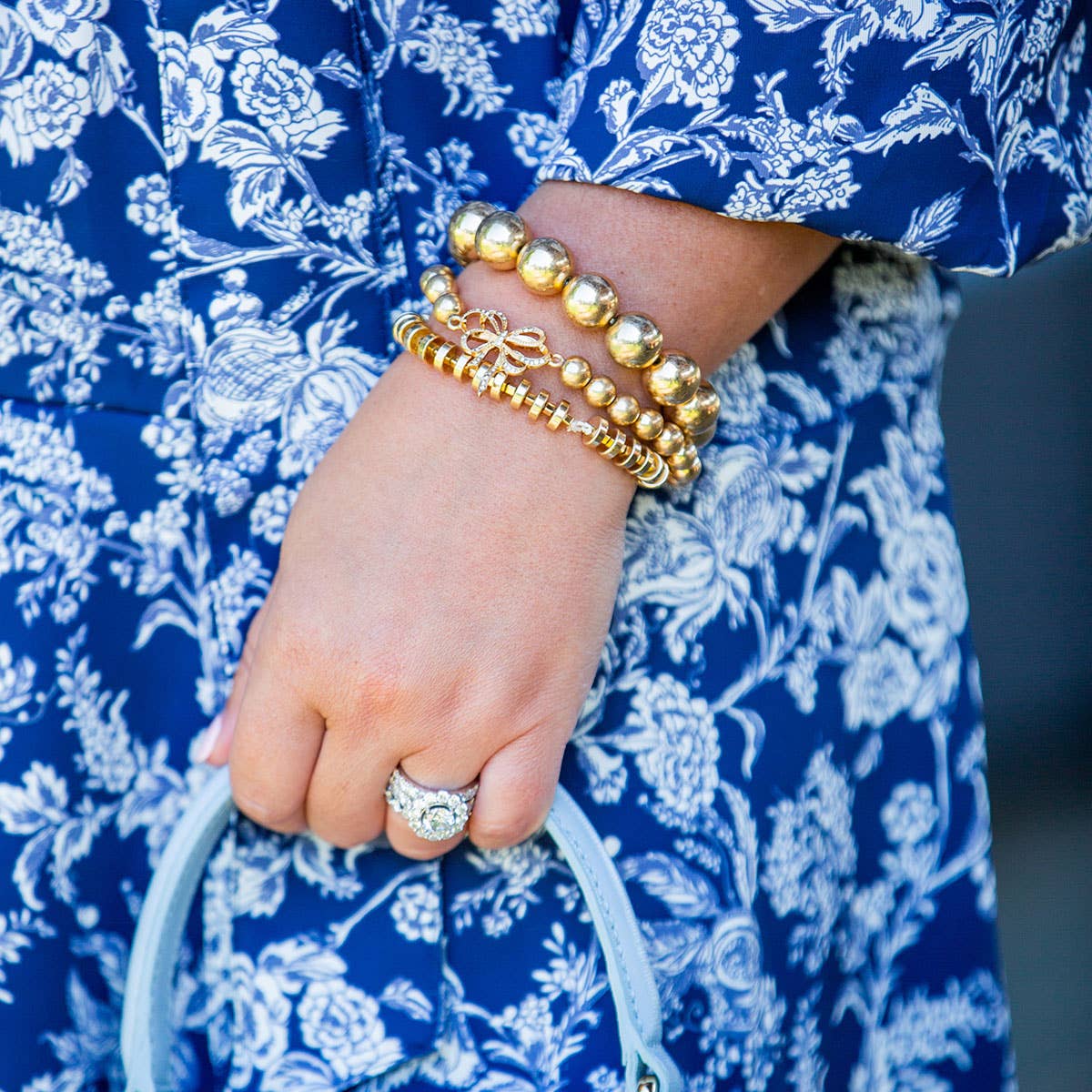 Carina Pavé Bow Ball Bead Stretch Bracelet in Worn Gold