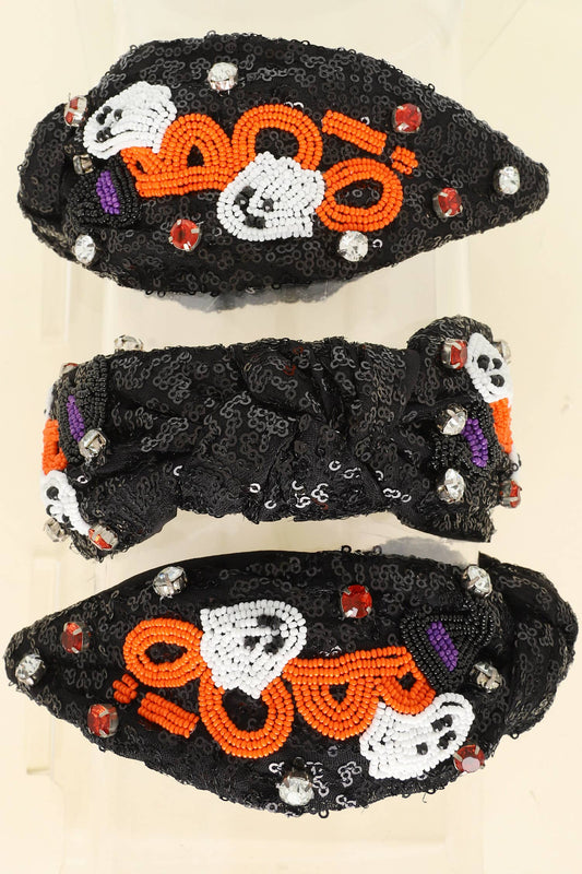 Halloween Boo Jeweled Top Knotted Headband