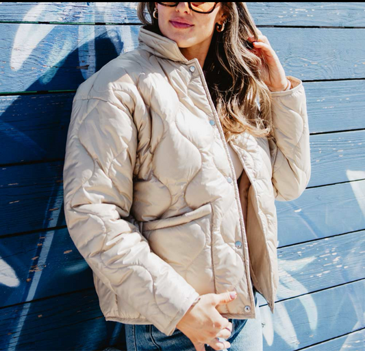 Beige Garment Washed Quilted Puffy Jacket