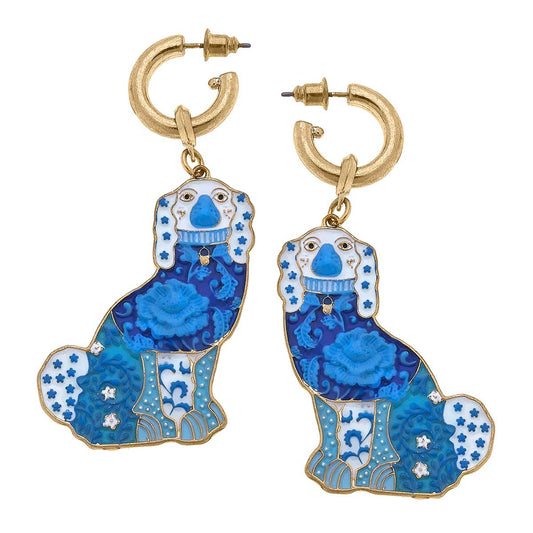 Lacey Enamel Staffordshire Dog Earrings in Blue & White