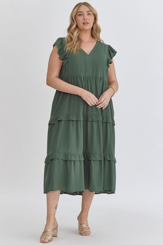 Tiered Forest Green Midi Dress