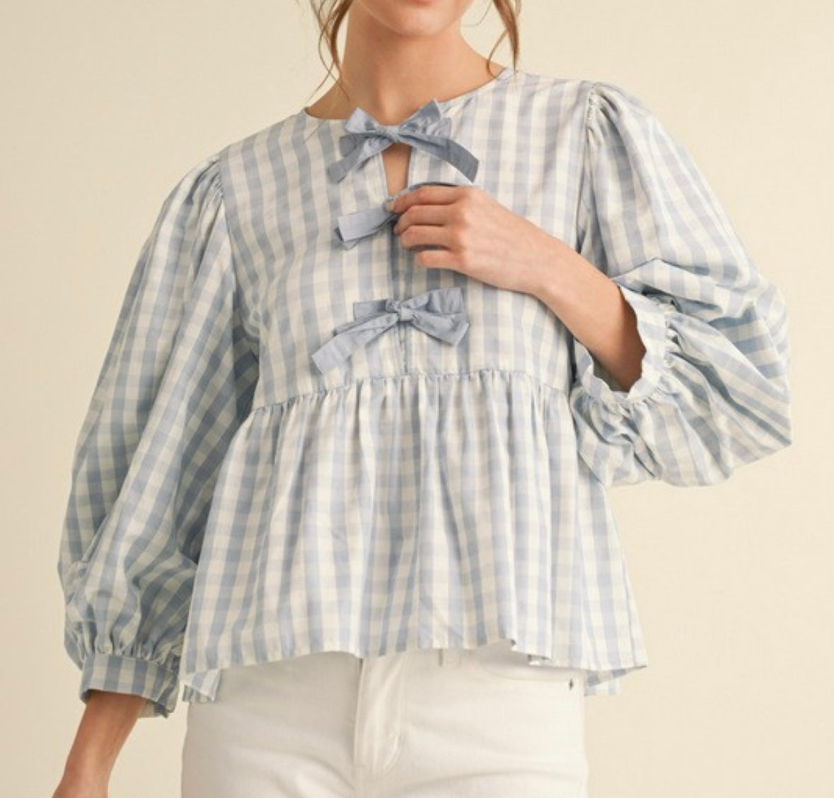 Blue Gingham Bow Blouse