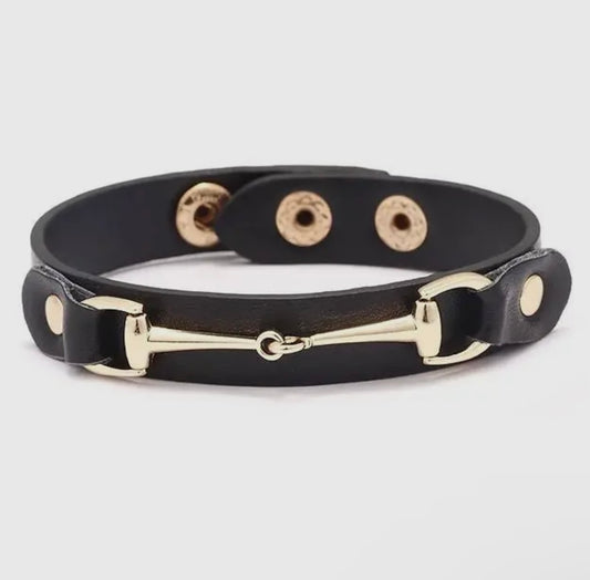 Black Leather Bracelet with Gold Snaffle Bit