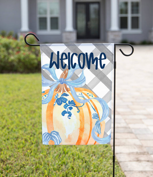 Fall Garden Flag - Welcome Pumpkin With Blue Flowers