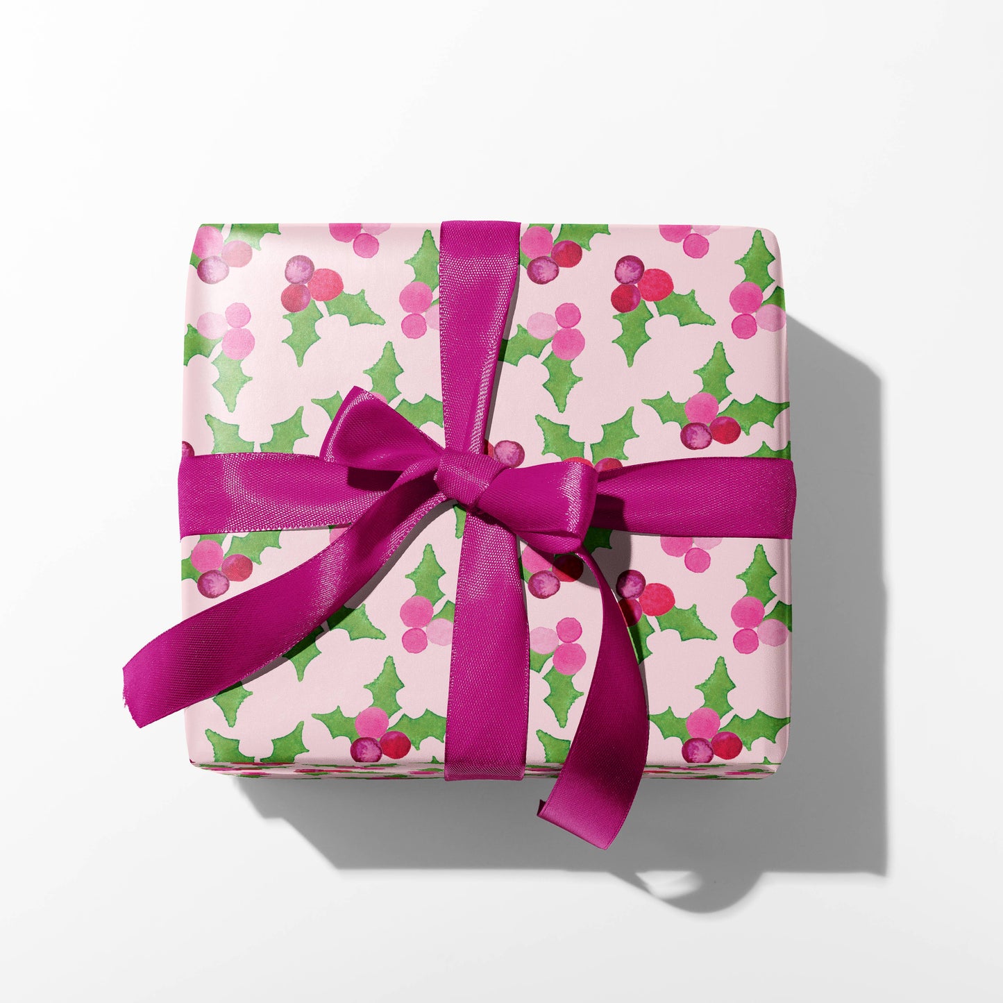 Pink Christmas Gift Wrap | Holly Berries on Pink Gift Wrap