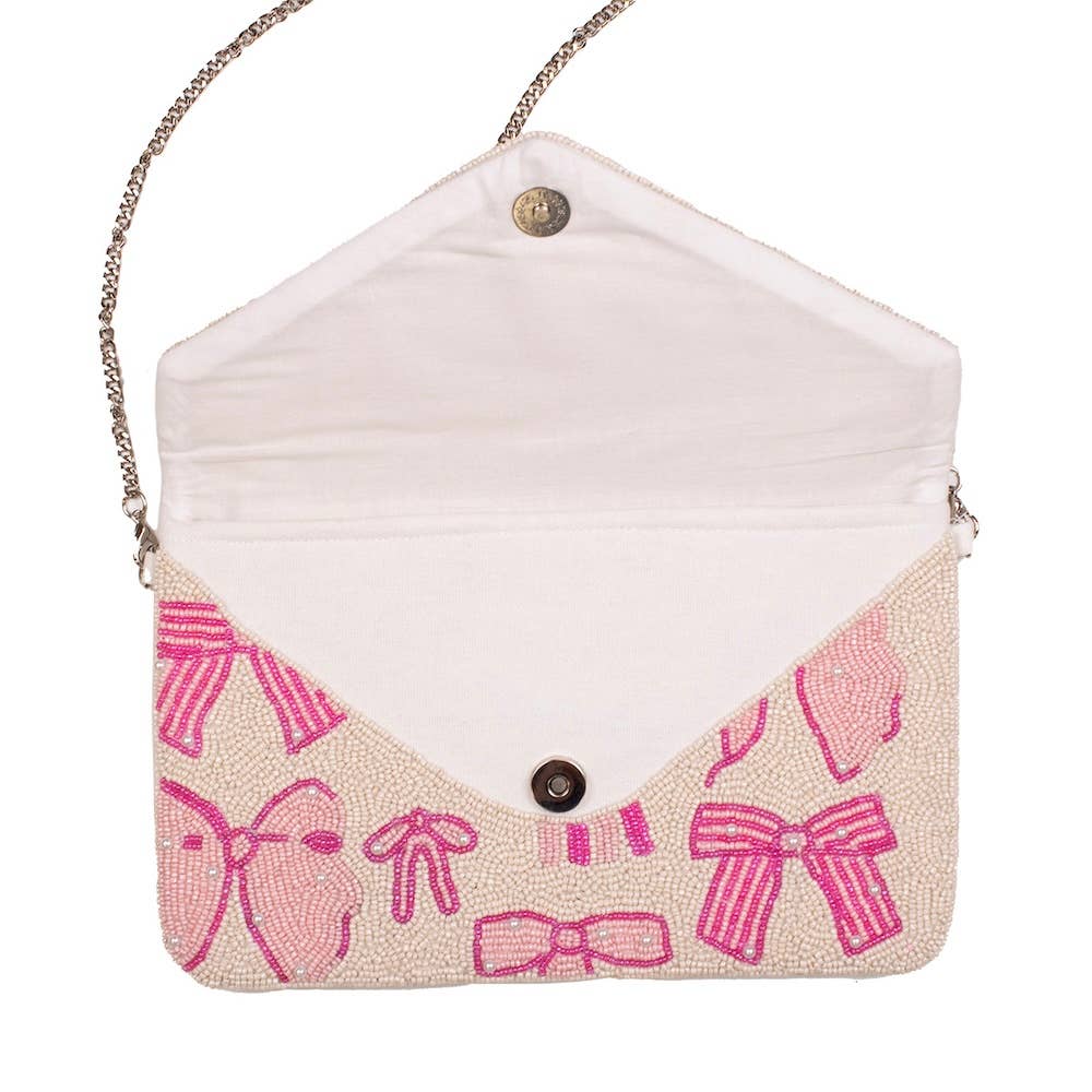 Pearl Bow Beaded Clutch   Pink/Pearl   10x6