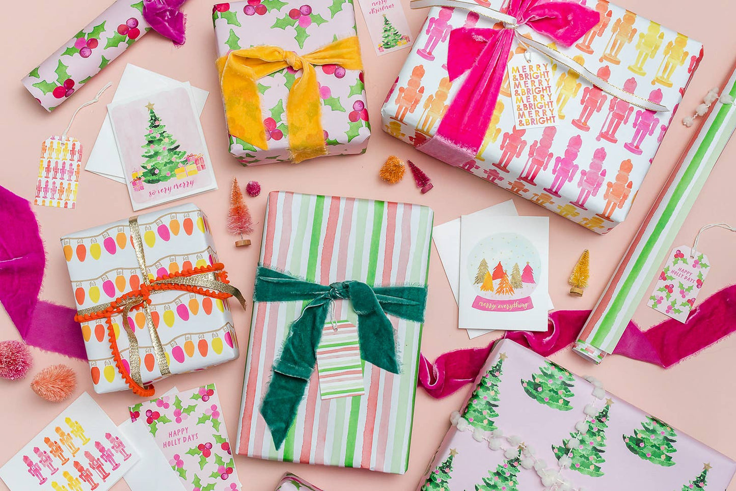 Pink Christmas Gift Wrap | Holly Berries on Pink Gift Wrap