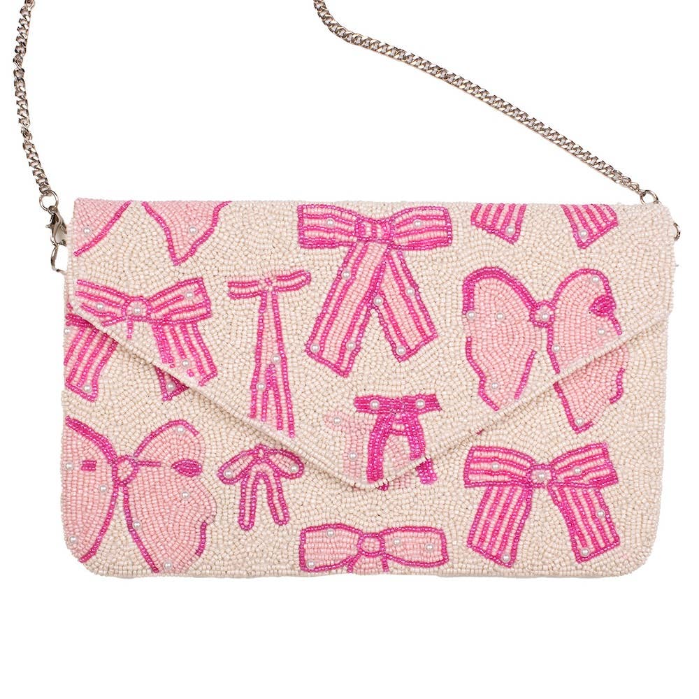 Pearl Bow Beaded Clutch   Pink/Pearl   10x6